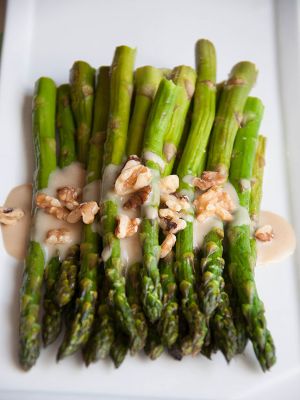 Roasted Asparagus with Honey Maple Tahini Sauce